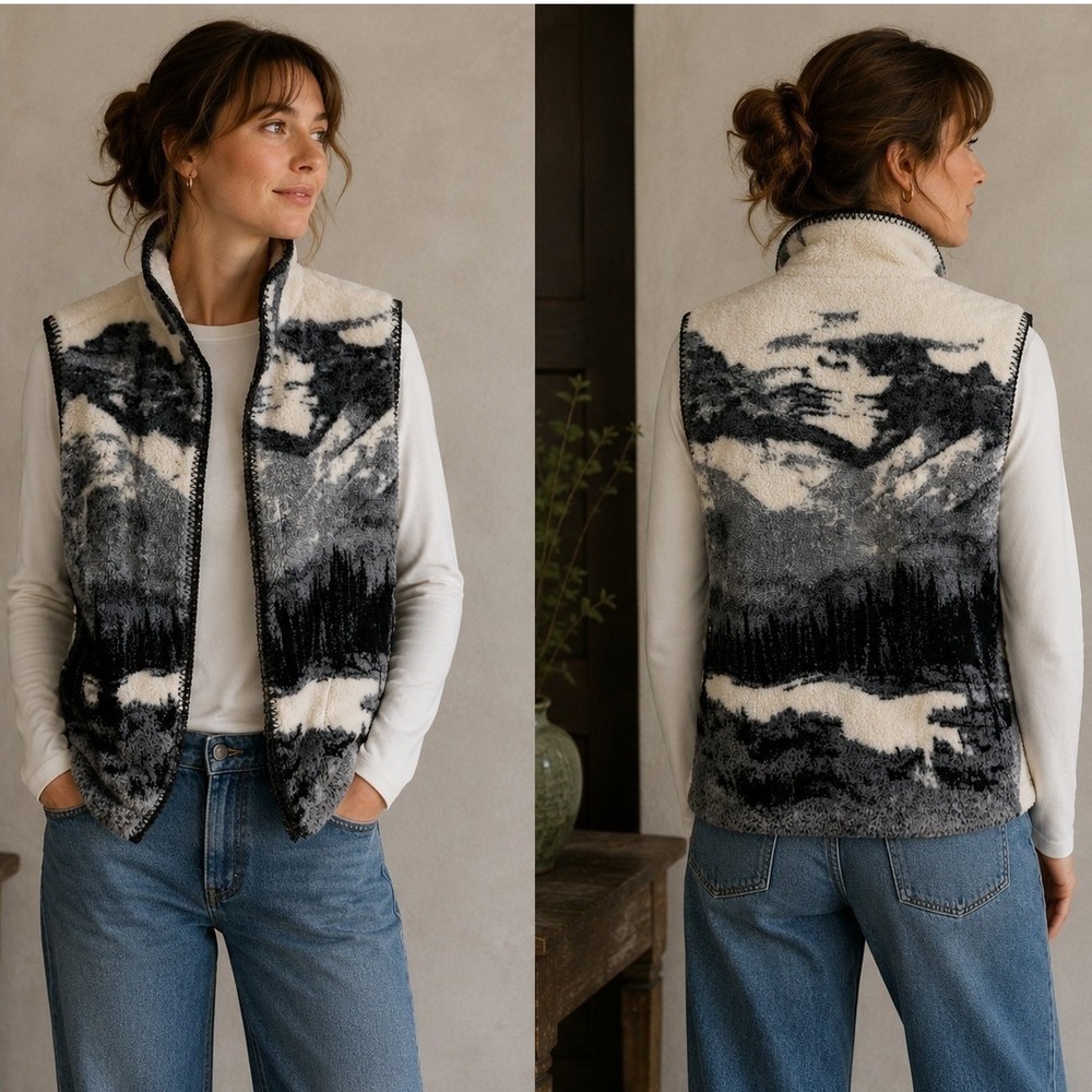 Unbranded Fleece Vest Men's Unisex S Mountain Forest Scene Warm Cozy